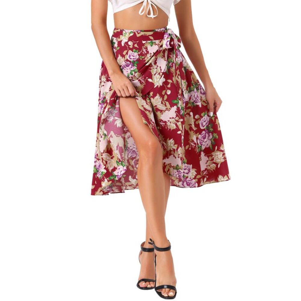 Floral Tropical Hawaiian Boho Midi Wrap Skirt Deep Red